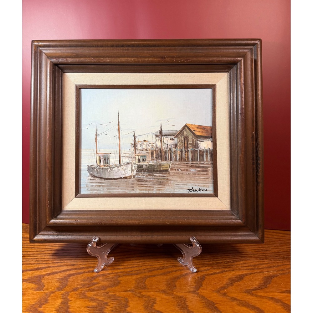 Vintage Thompson Signed Oil Painting Harbor Scene Fishing Boats Framed 8x10